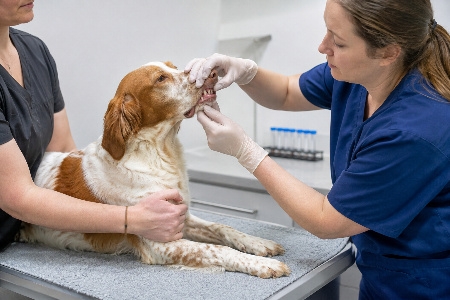 Veterinář v rukavicích vyšetřuje sliznice bretaňského ohaře